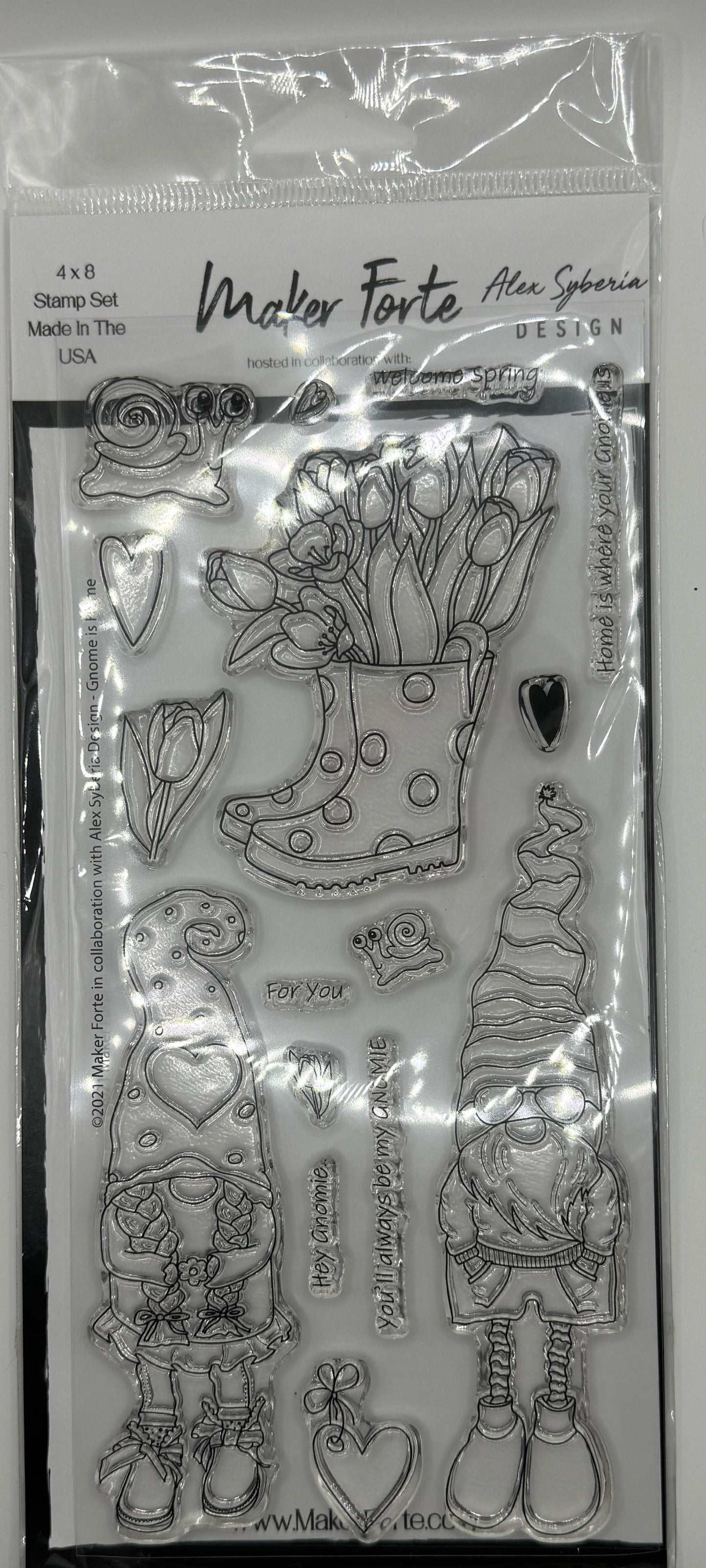 Gnome Is Home Stamp Set 4x8 – Spring Gnome & Floral Photopolymer Stamps | Made in USA