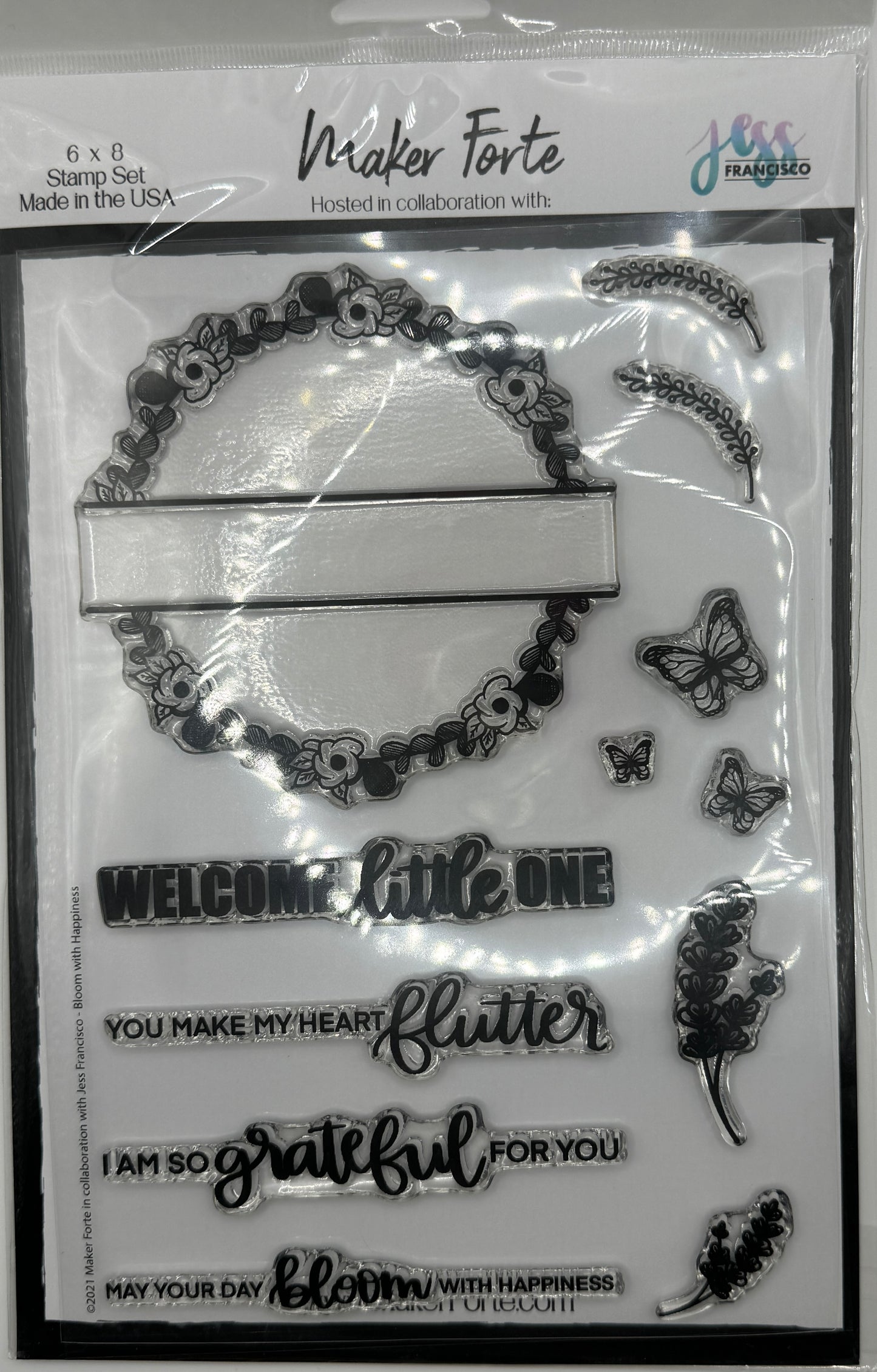 Bloom with Happiness Photopolymer Stamp Set 6x8 | Floral Wreath & Butterfly Sentiment Stamps