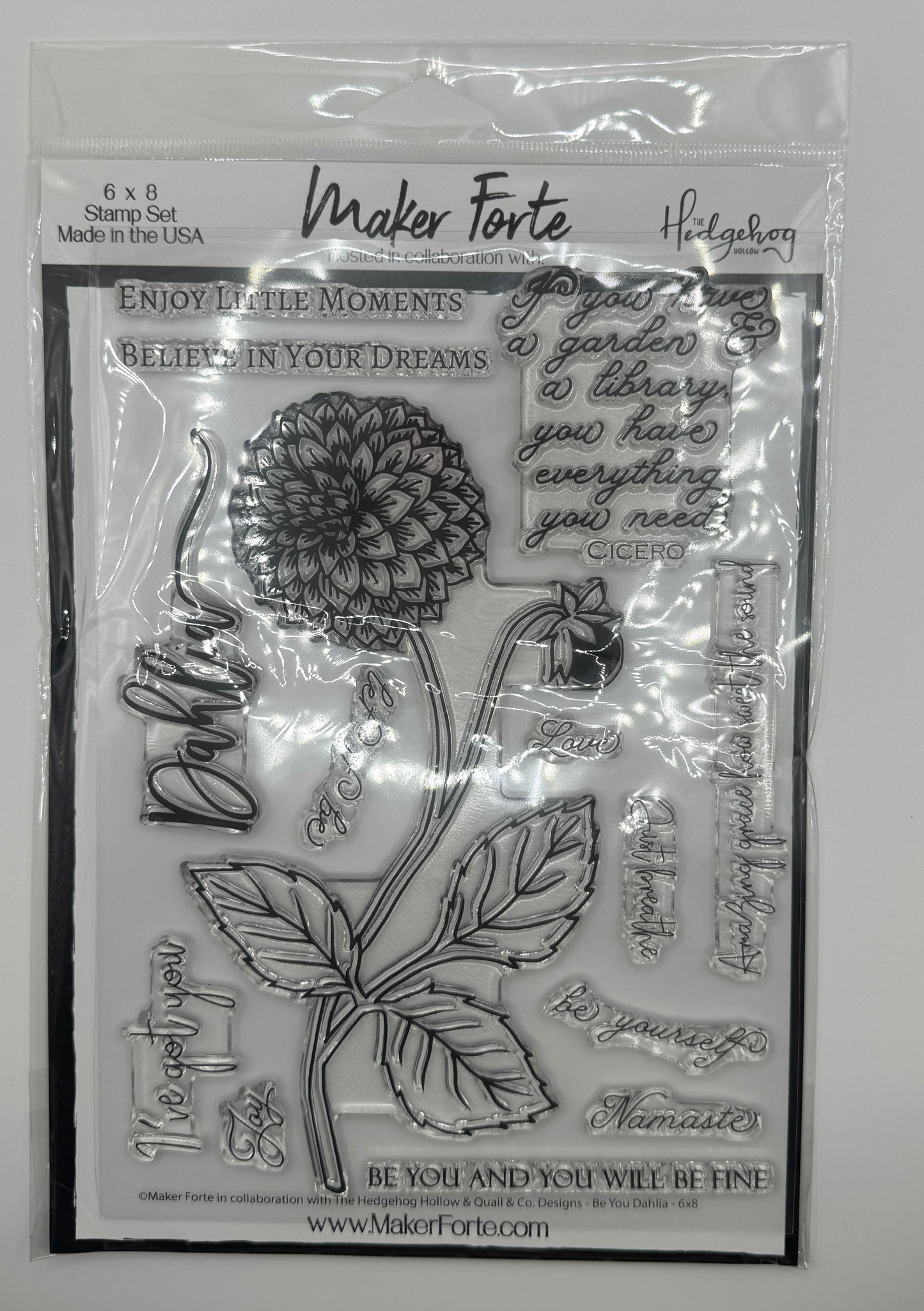 Be You Dahlia Stamp Set 6x8 Photopolymer | Large Floral Outline & Inspirational Sentiments | Made in USA