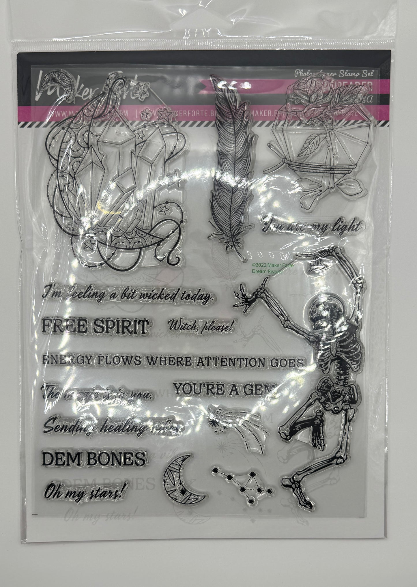 Dream Reader Stamp Set 6x8 Photopolymer | Gothic Celestial Skeleton & Crystal Art Stamps | Made in USA