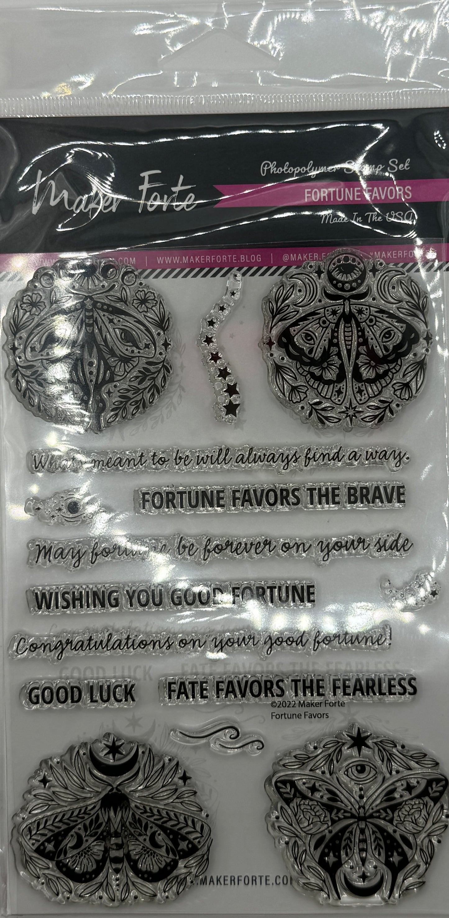 Fortune Favors Stamp Set 4x6 – Celestial Moth & Good Luck Sentiment Stamps | Photopolymer | Made in USA