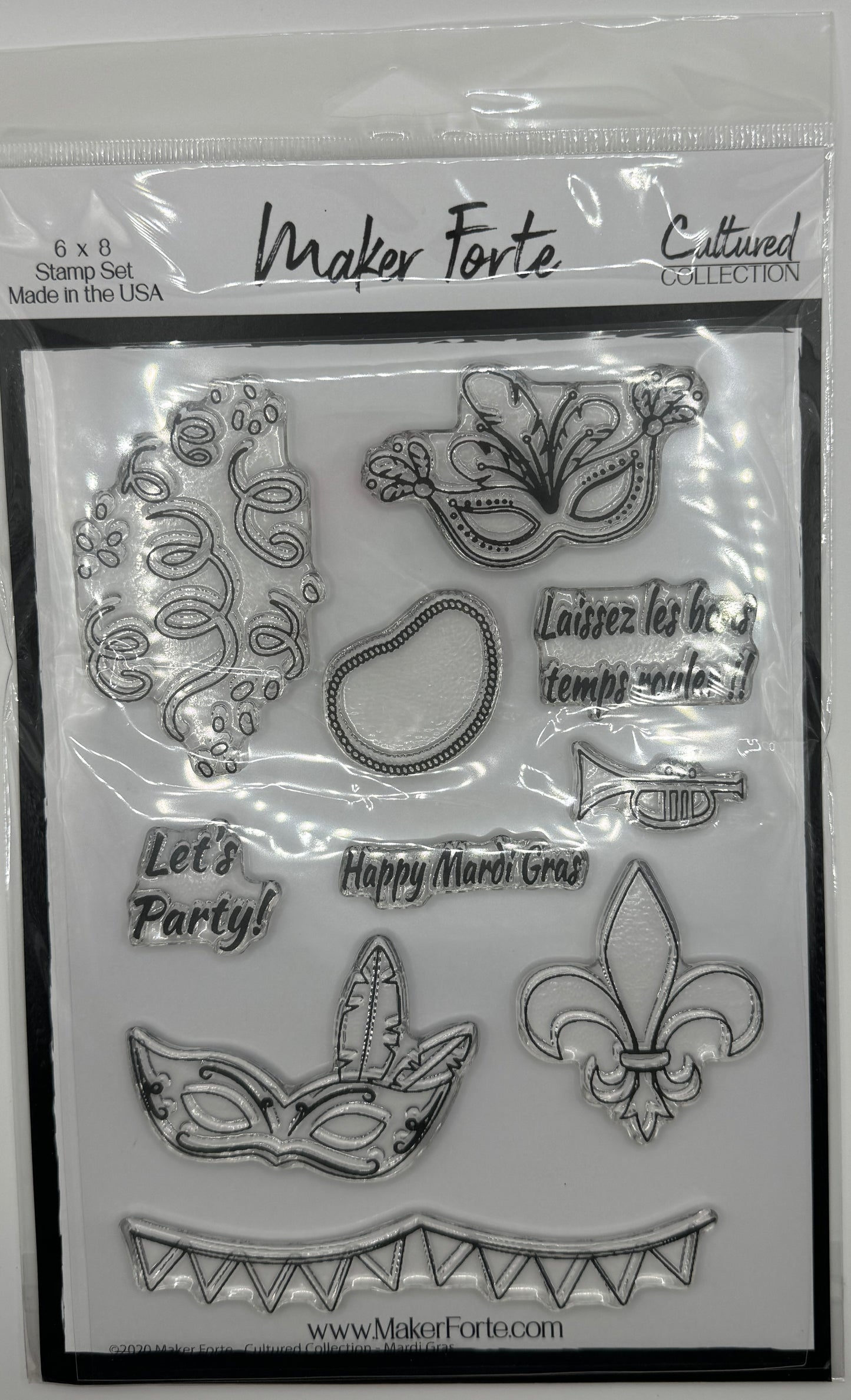 Mardi Gras 6x8 Stamp Set | Carnival Masks, Fleur de Lis & Party Sentiments | Made in USA