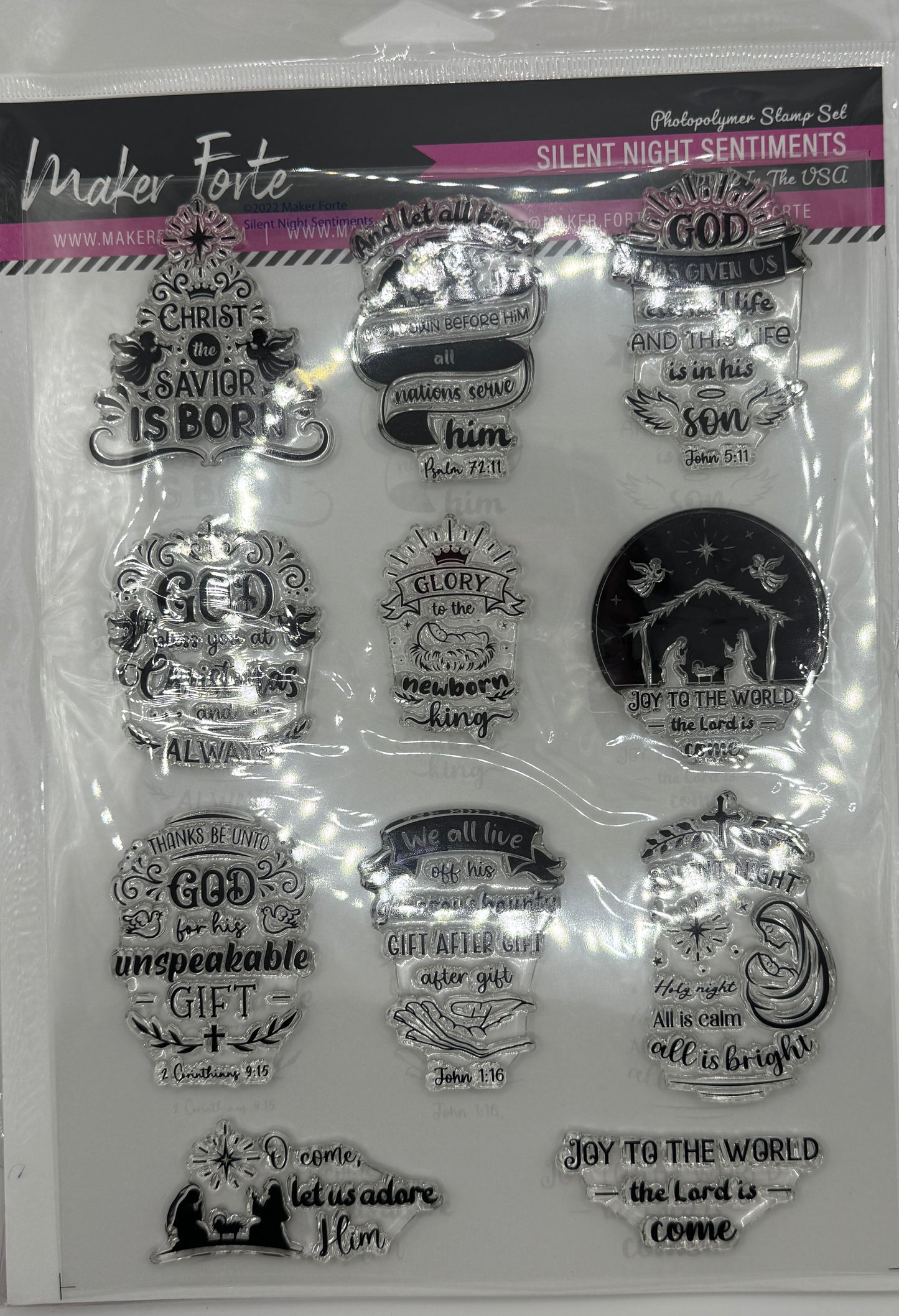 Silent Night Sentiments Photopolymer Stamp Set 6x8 | Christian Christmas Scripture Stamp Set | Nativity & Faith Sentiments