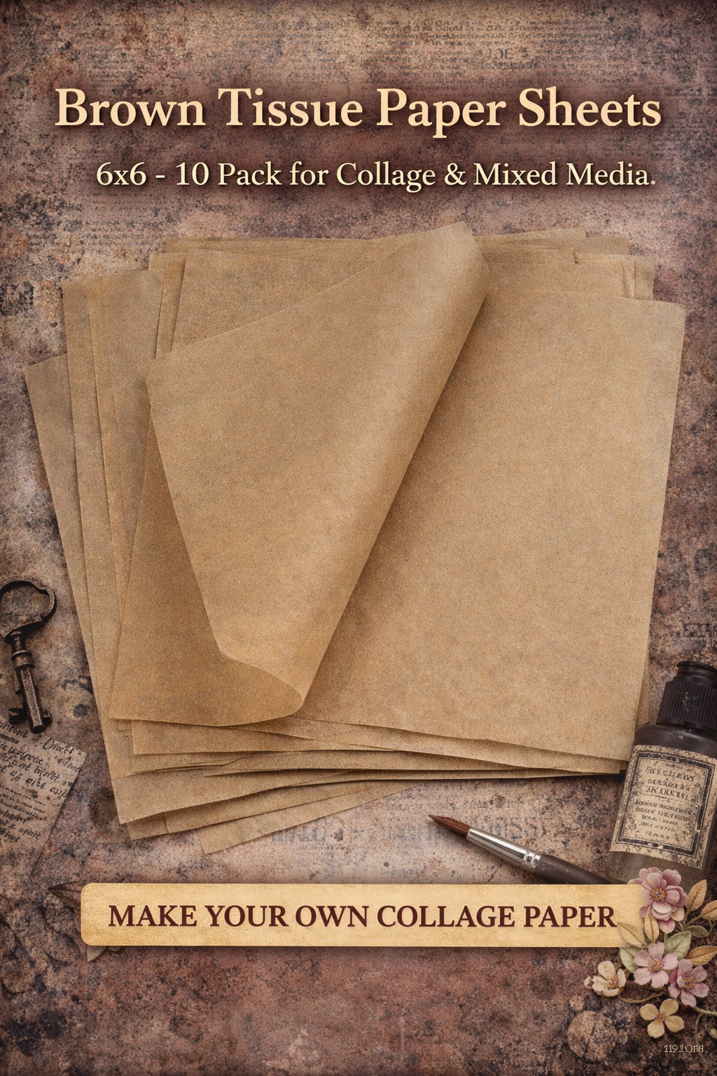 Brown Tissue Paper Sheets 6x6 – 10 Pack for Collage, Mixed Media & Craft Layering | Vintage Kraft Paper for Cardmaking & Journaling