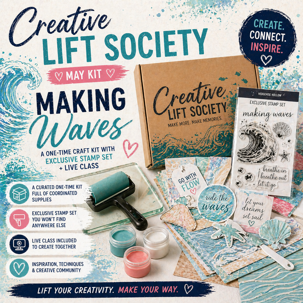 Creative Lift Society May Kit – Making Waves | One-Time Craft Kit + Exclusive Stamp Set & Live Class | Hedgehog Hollow