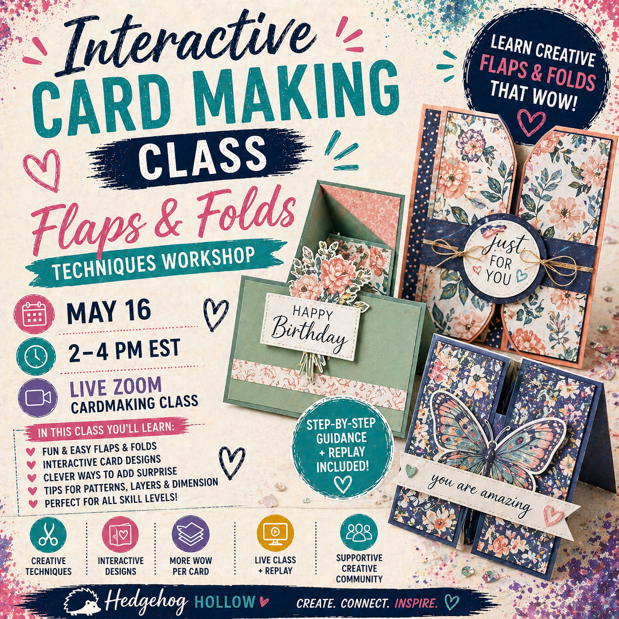 Interactive Card Making Class: Flaps & Folds Techniques Workshop | May 16, 2–4PM EST Live Zoom Cardmaking Class | Hedgehog Hollow