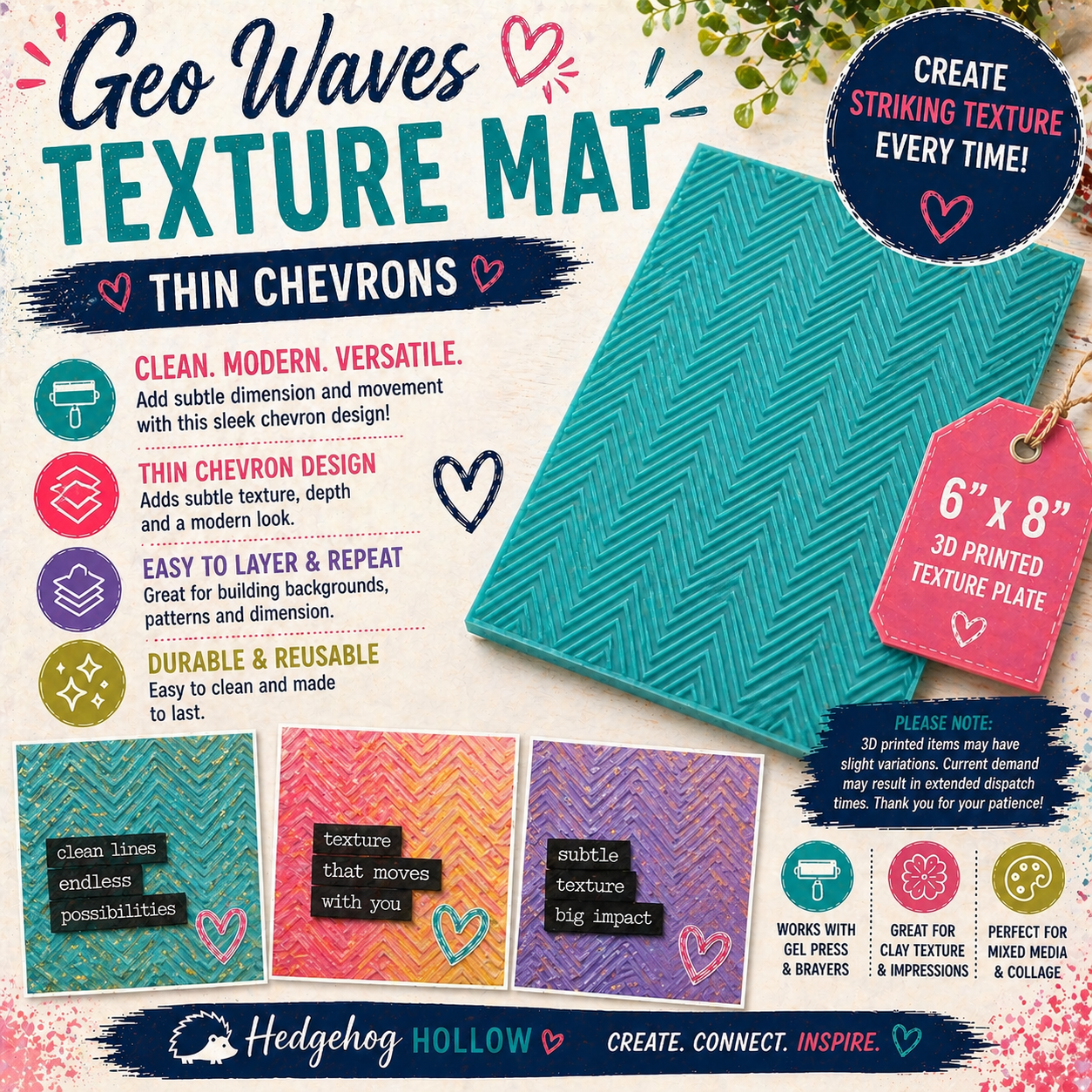 Geo Waves Texture Mat – 3D Printed 6x8 Texture Plate for Gel Press, Clay & Mixed Media | Hedgehog Hollow