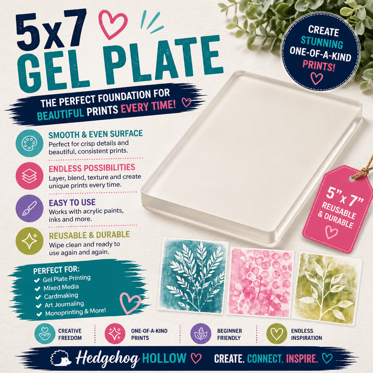 5x7 Gel Plate – Reusable Gel Printing Plate for Monoprinting, Mixed Media & Cardmaking | Smooth Pulls & Crisp Prints | Hedgehog Hollow