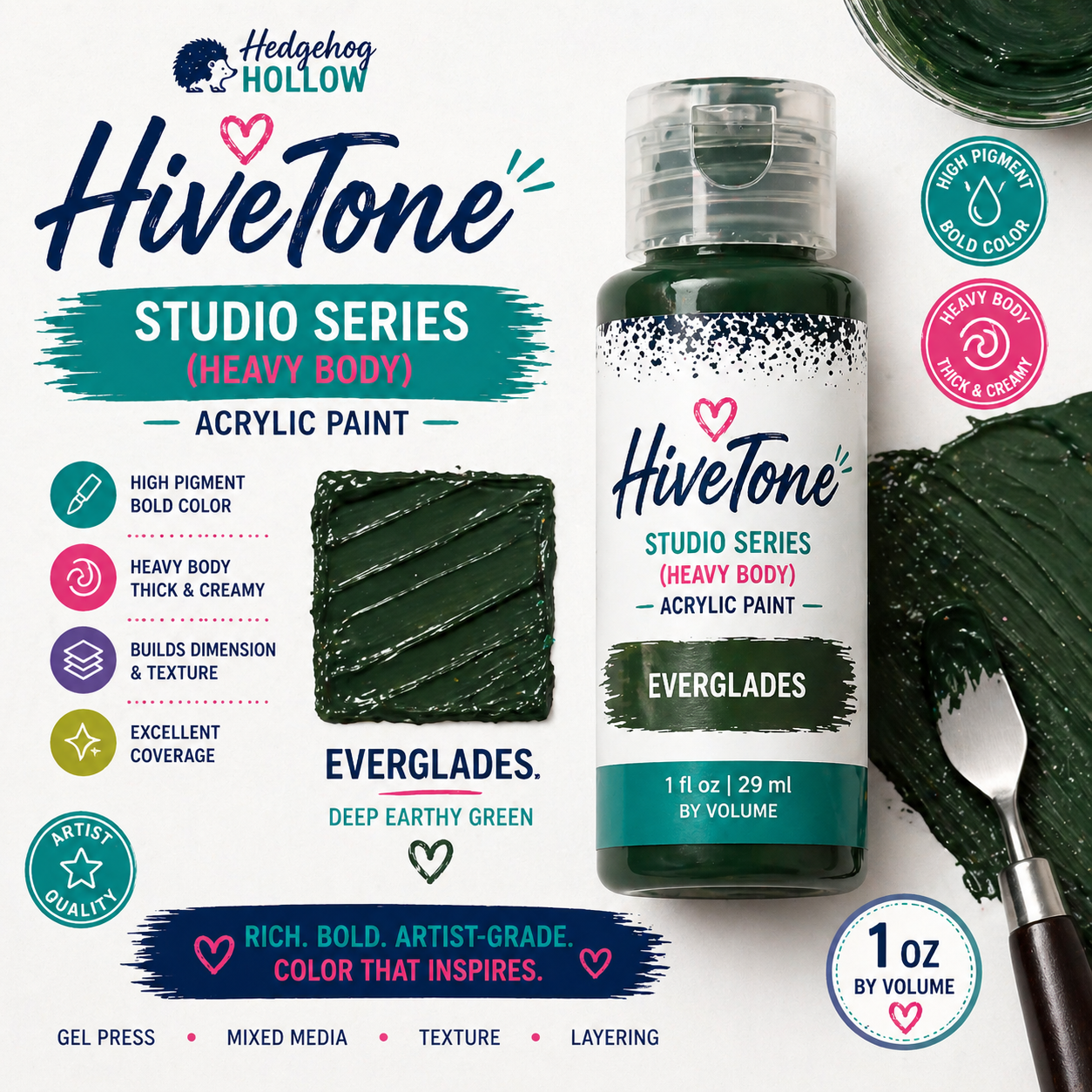 HiveTone Studio Series Heavy Body Acrylic – Everglades 1oz | Deep Green High Pigment Paint for Gel Press, Mixed Media & Cardmaking