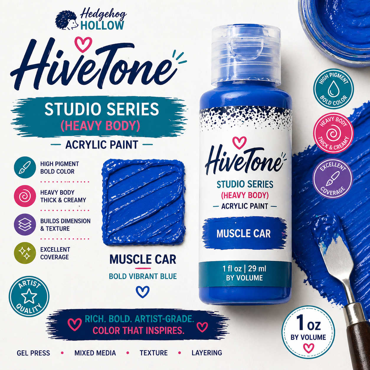 HiveTone Studio Series Heavy Body Acrylic – Muscle Car 1oz | Bold Blue High Pigment Acrylic Paint for Gel Press, Mixed Media & Cardmaking