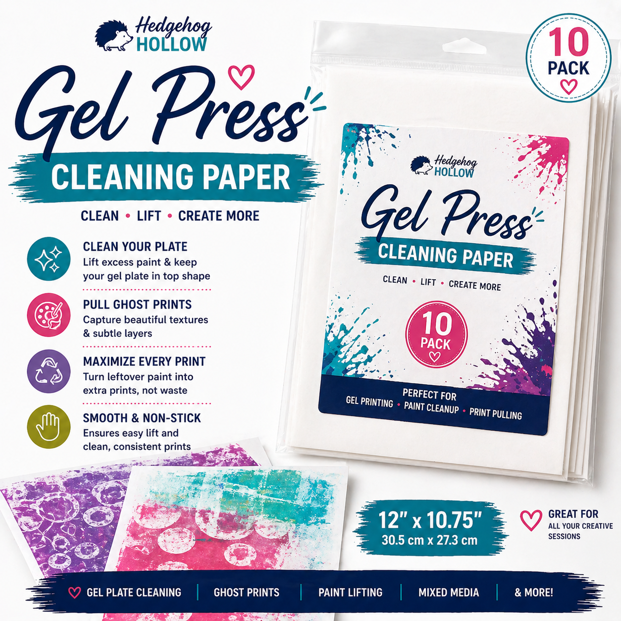 Gel Press Cleaning Paper 12" x 10.75" (10 Pack) – Non-Stick Craft Paper for Gel Printing, Paint Cleanup & Print Pulling | Hedgehog Hollow