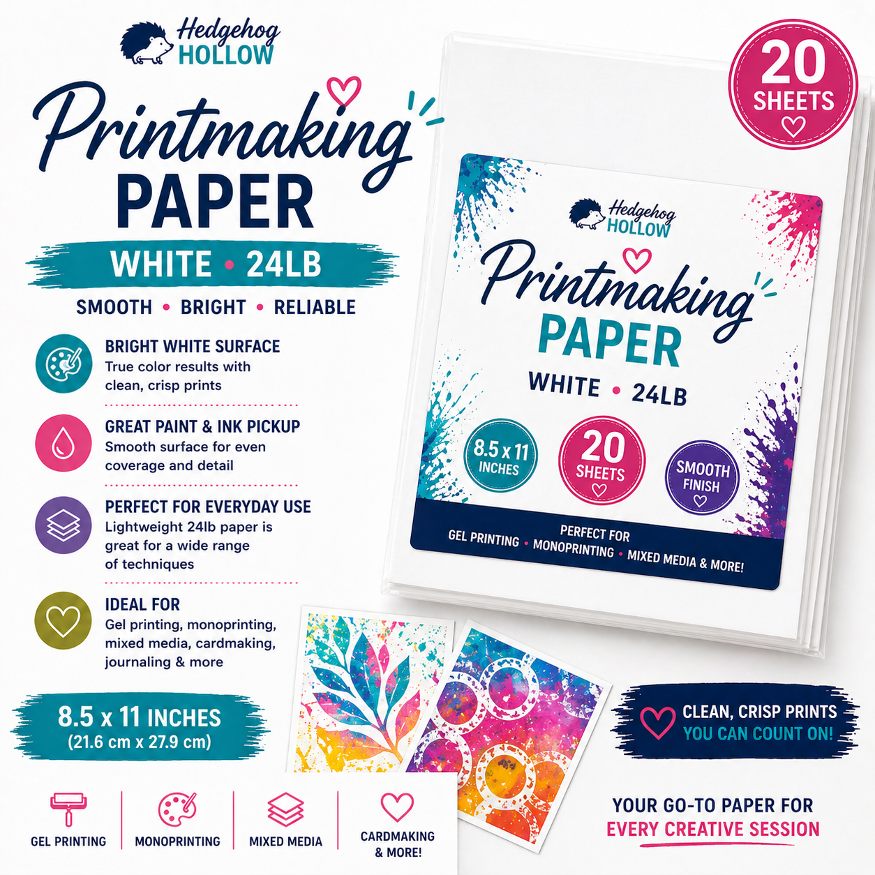 White Printmaking Paper 8.5x11 (20 Sheets) – 24lb Smooth Paper for Gel Press, Monoprinting & Mixed Media | Hedgehog Hollow