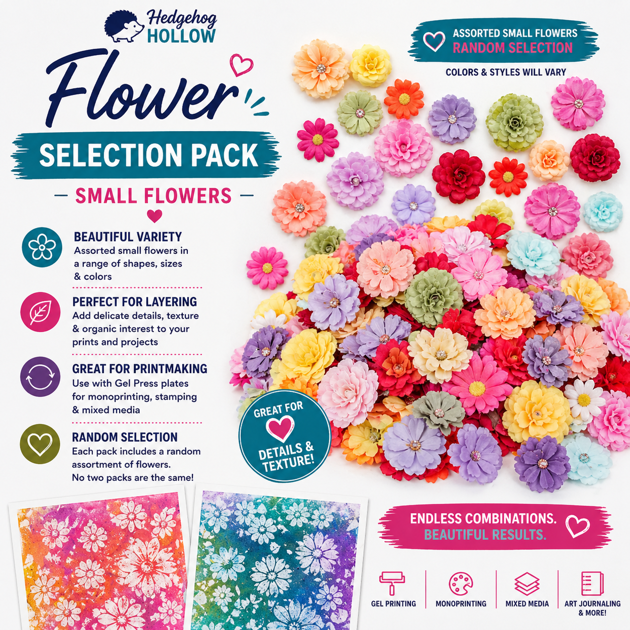 Small Flower Selection Pack – Assorted Floral Printmaking Tools for Gel Press, Monoprinting & Mixed Media | Hedgehog Hollow
