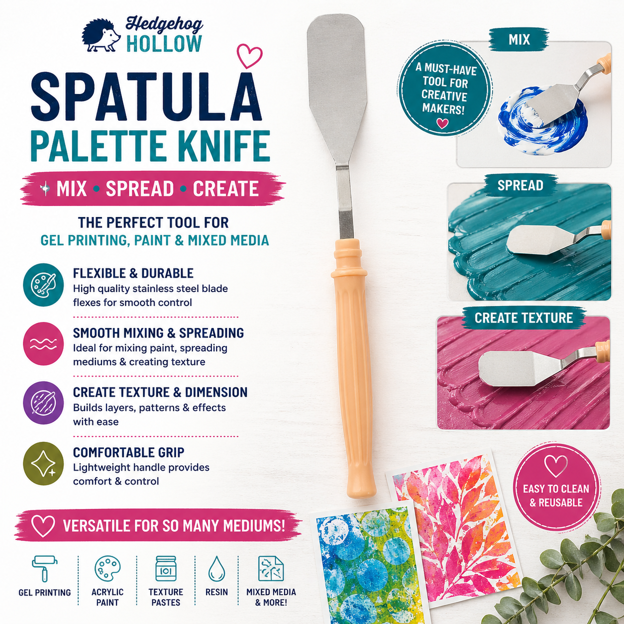 Palette Knife Spatula Tool – Flexible Mixing & Texture Tool for Gel Press, Paint, Resin & Mixed Media | Hedgehog Hollow