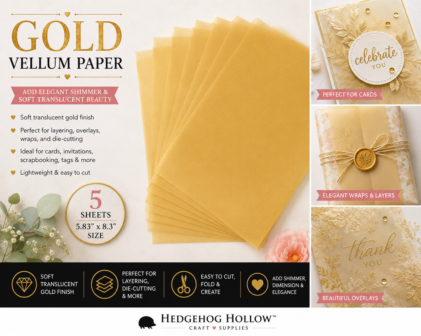 Gold Vellum Paper – 5.83" x 8.3", 5-Pack