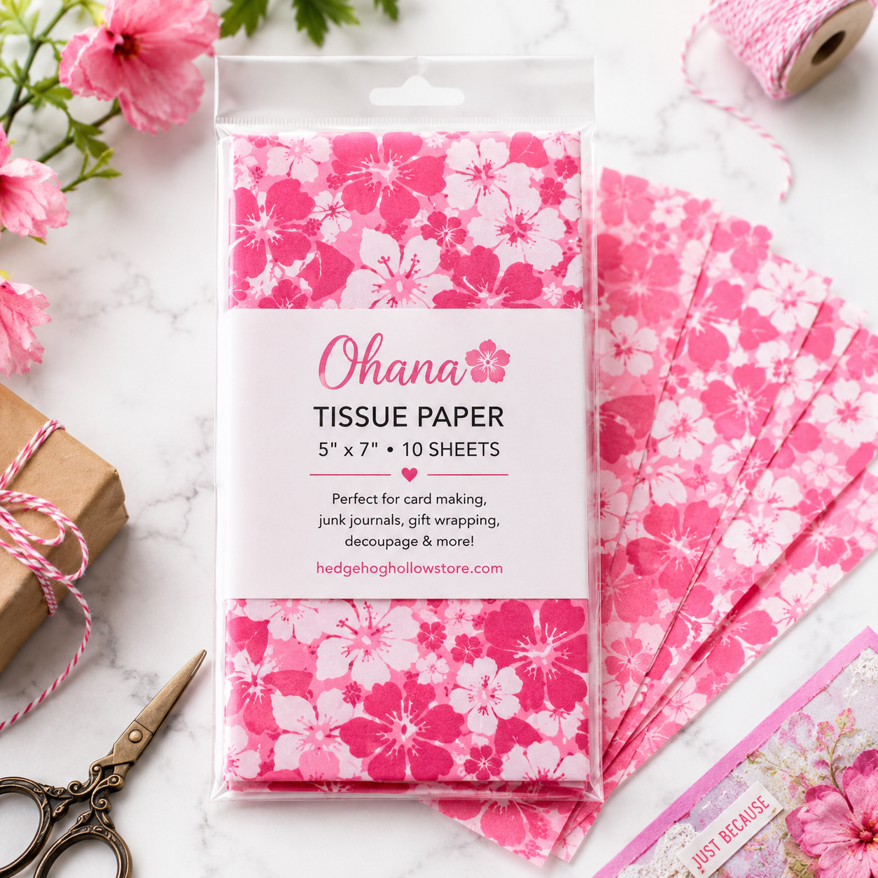Ohana Pink Hibiscus Tissue Paper | 5" x 7" Printed Craft Tissue Paper Pack (10 Sheets)