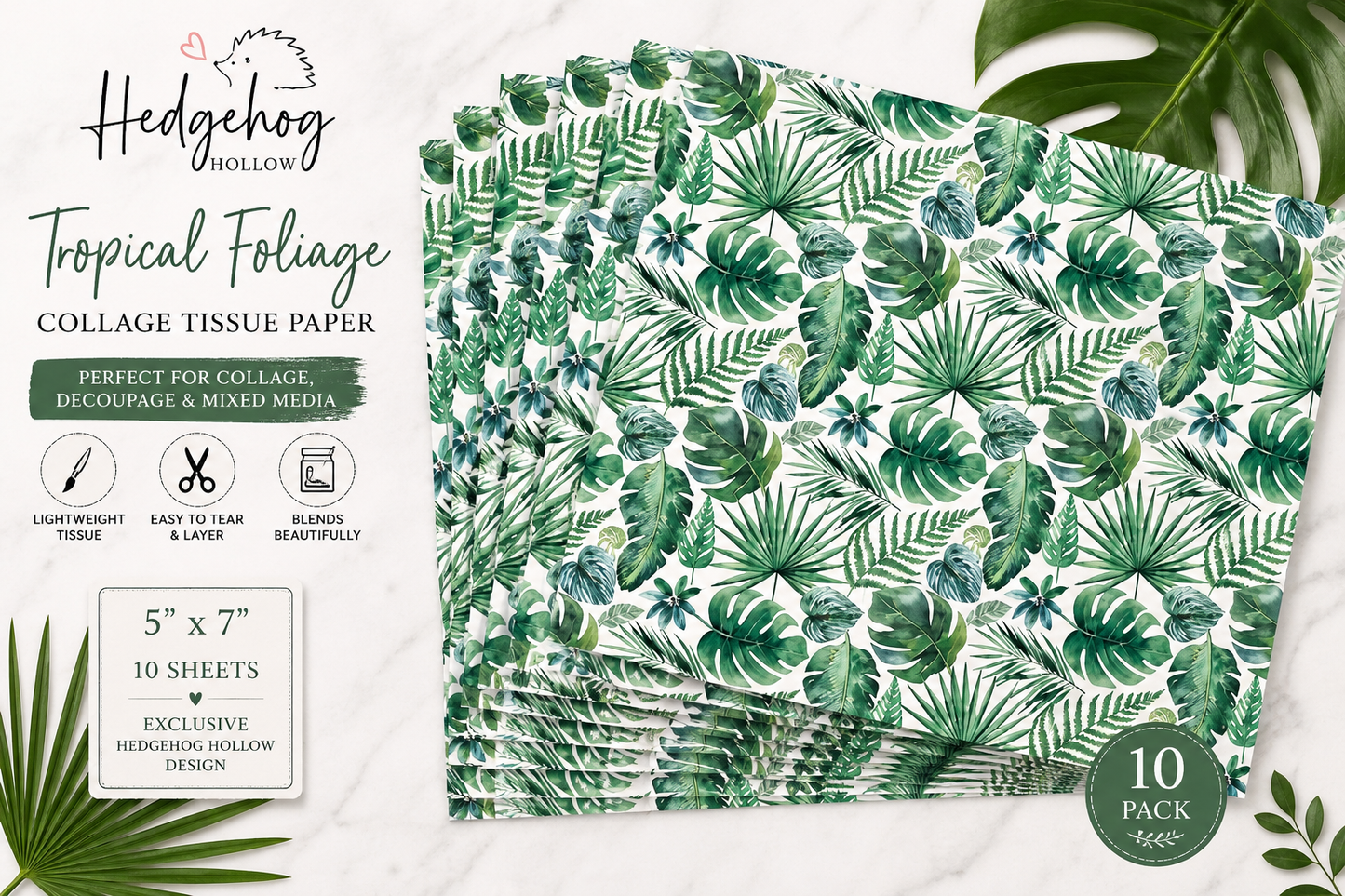 Tropical Foliage Collage Tissue Paper | 5" x 7" Decorative Decoupage Sheets | 10 Pack