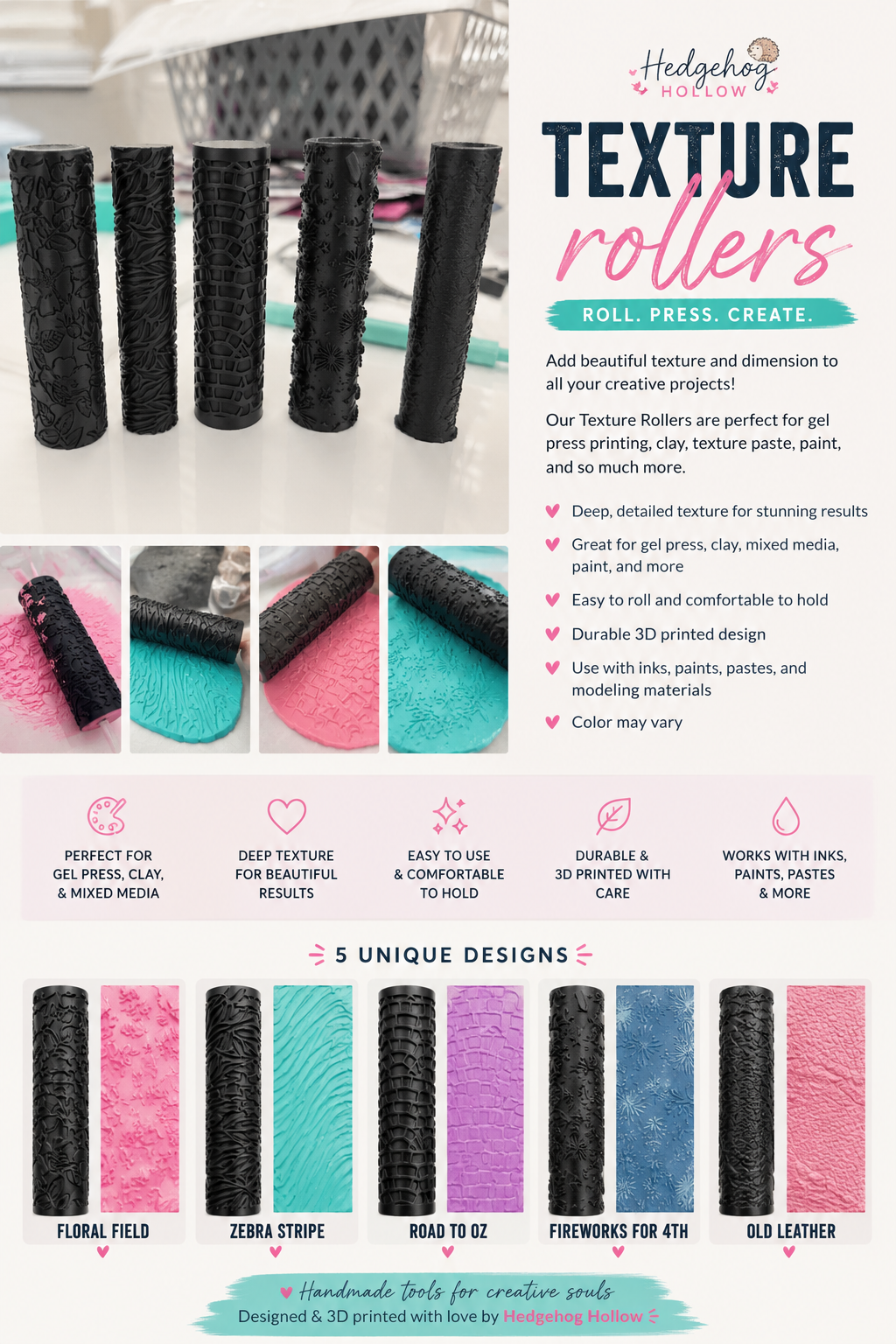 3D Printed Texture Rollers for Gel Press & Clay | Mixed Media Craft Tool