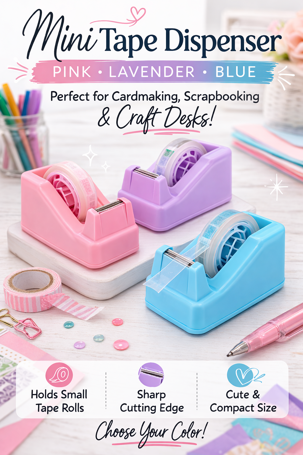 Mini Tape Dispenser – Cute Desktop Tape Holder (Pink, Lavender, or Blue) | Hedgehog Hollow