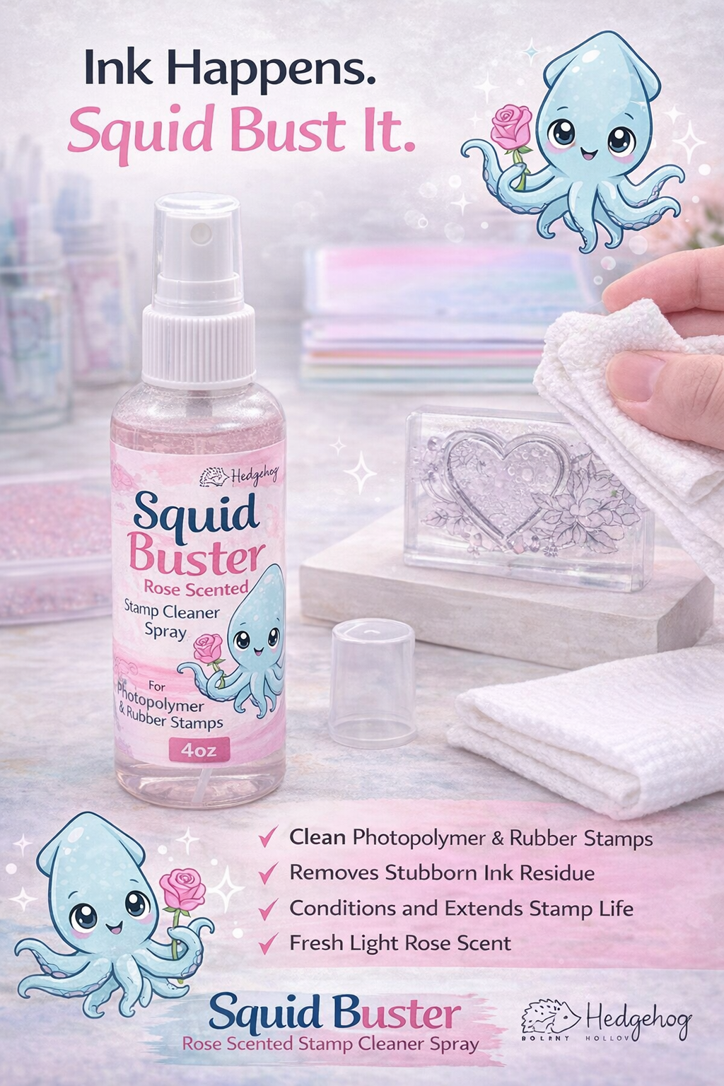 Squid Buster Rose Scented Stamp Cleaner Spray – 4oz Photopolymer & Rubber Stamp Cleaner | Hedgehog Hollow