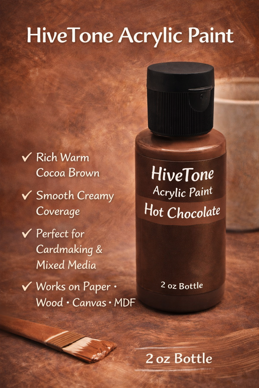 HiveTone Hot Chocolate Acrylic Paint – Rich Cocoa Brown Craft Paint for Cardmaking, Mixed Media, Wood & Canvas | 2oz | Hedgehog Hollow