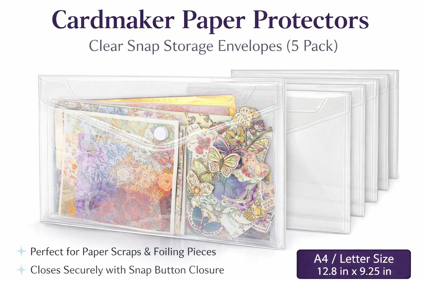 Cardmaker Paper Protectors – Clear Snap Storage Envelopes (A4 / Letter Size) – 5 Pack