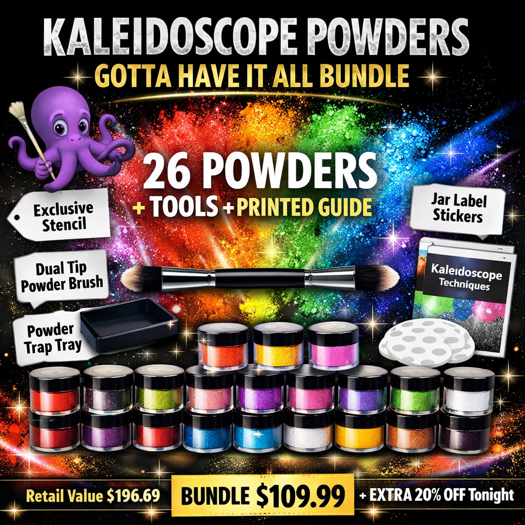Kaleidoscope Powders Gotta Have It All Bundle – 26 Mica Powders, Exclusive Stencil, Tools, Jar Labels & Printed Guide