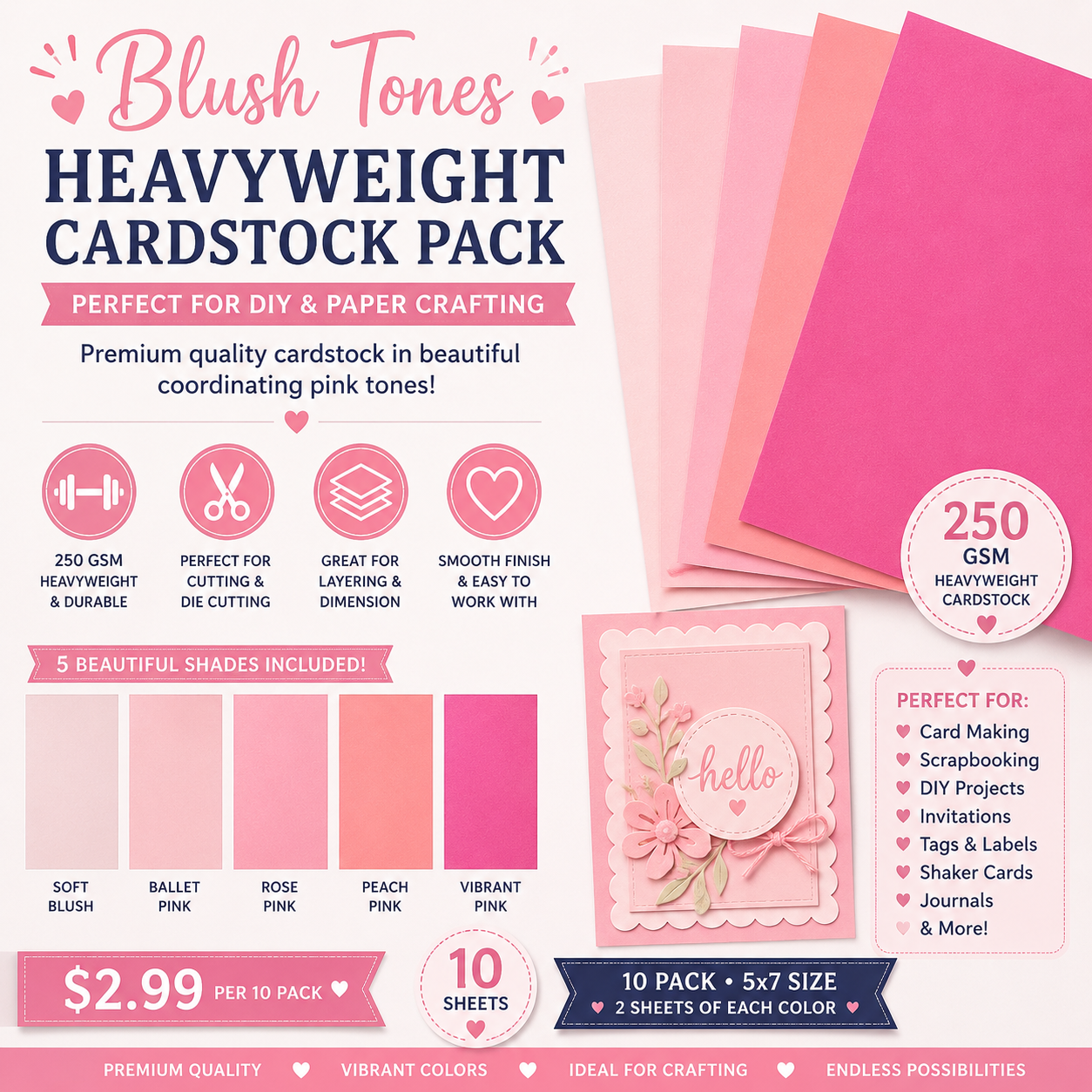 Blush Tones Heavyweight Cardstock Pack 5x7 Cardstock Collection – 250 GSM – 10 Pack