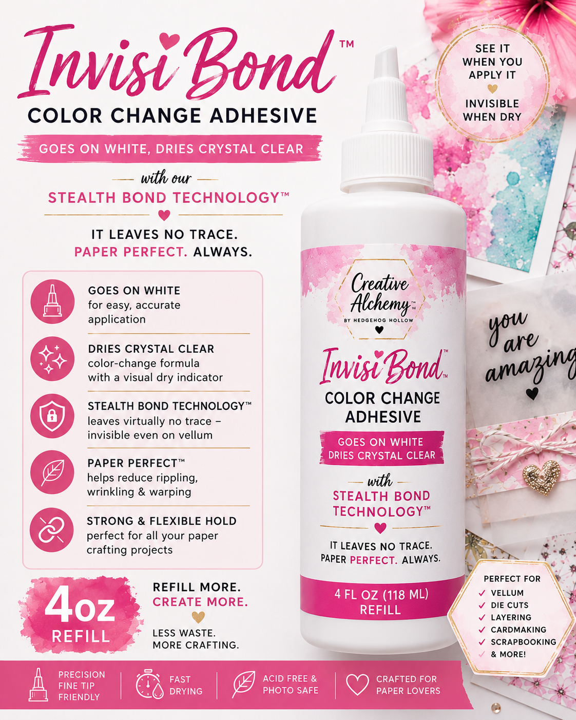 InvisiBond™ Color Change Adhesive Refill – 4oz | Goes on White, Dries Crystal Clear | Stealth Bond Technology™