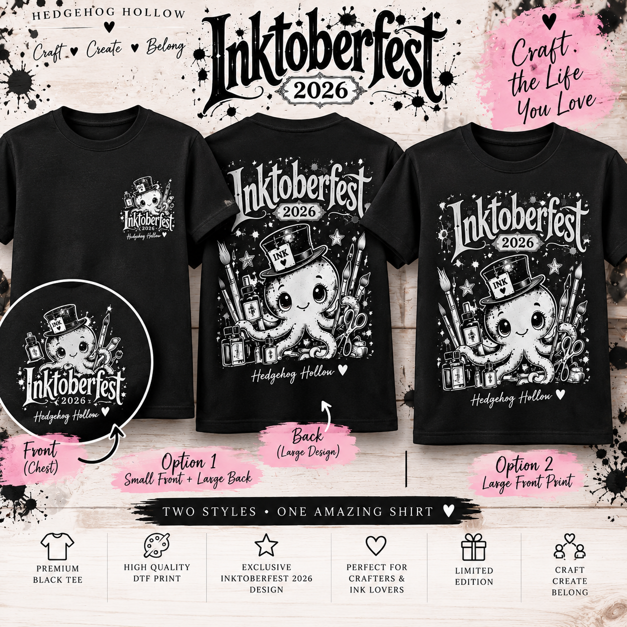 Hedgehog Hollow Inktoberfest 2026 Black & White T-Shirt – Limited Edition