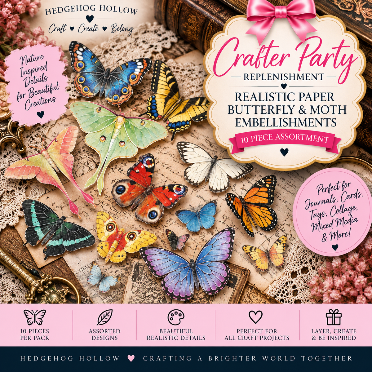 Realistic Paper Butterfly & Moth Embellishments – 10 Piece Assorted Pack | Crafter Party Replenishment