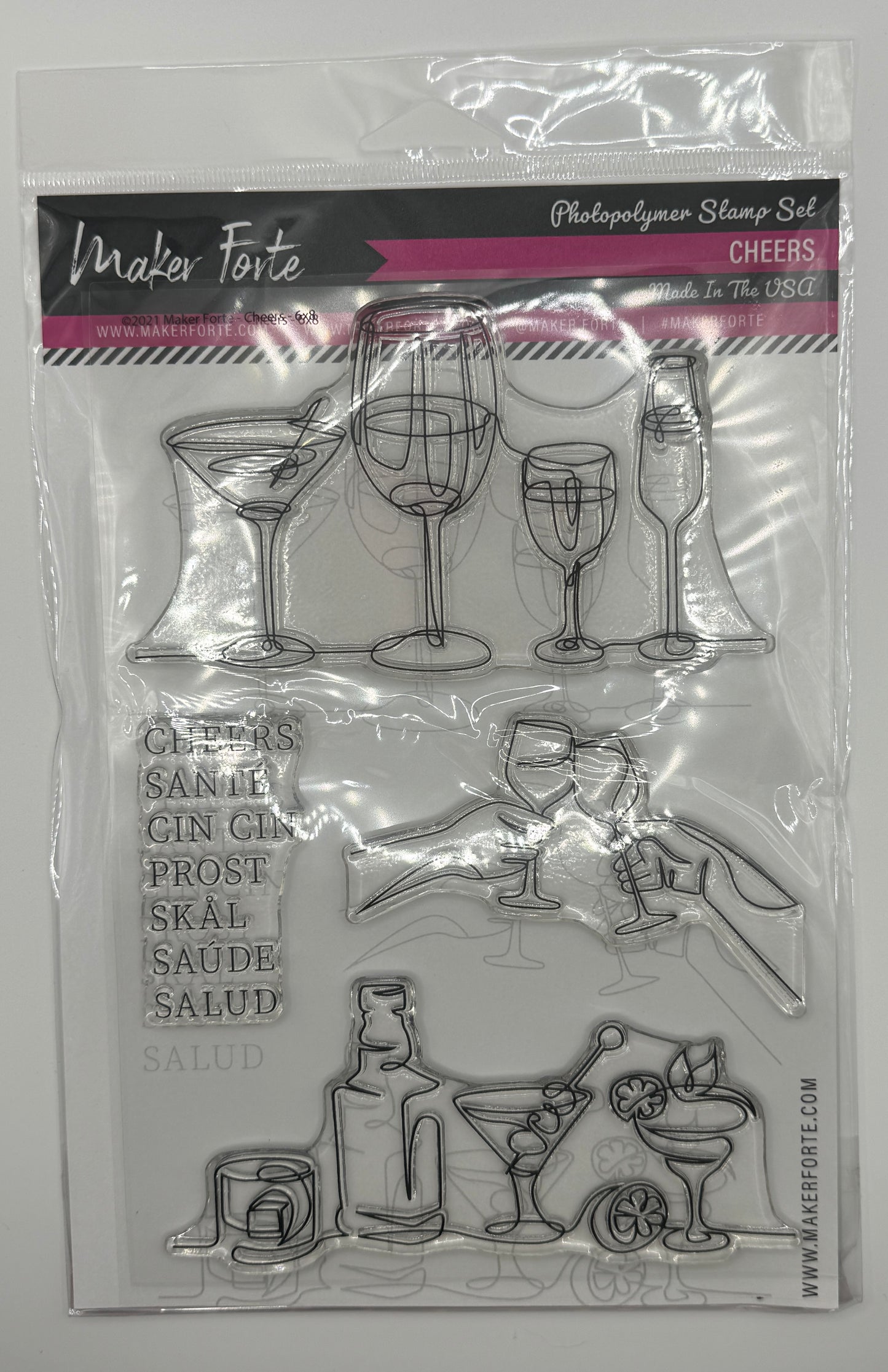 Cheers Stamp Set 6x8 Photopolymer | Cocktail, Wine & Celebration Glass Stamps | Made in USA