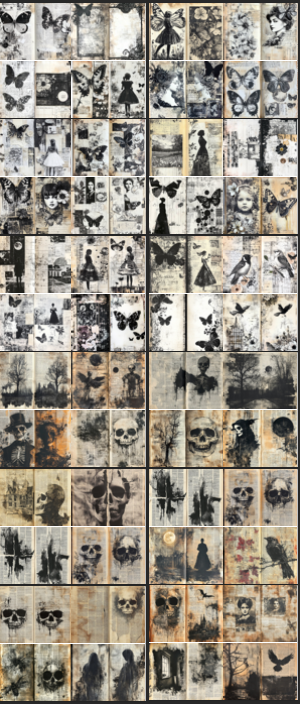 Shadows on Paper Designer Card Fronts Paper Pack – 48 Unique Vintage Gothic Collage Designs, Black & White Mixed Media Cardmaking Paper, Perforated 8.5x11 Sheets
