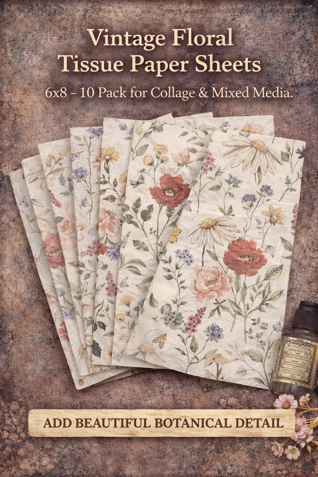 Vintage Floral Tissue Paper Sheets 6x8 – 10 Pack for Collage, Decoupage & Mixed Media | Botanical Craft Paper for Cardmaking & Journaling