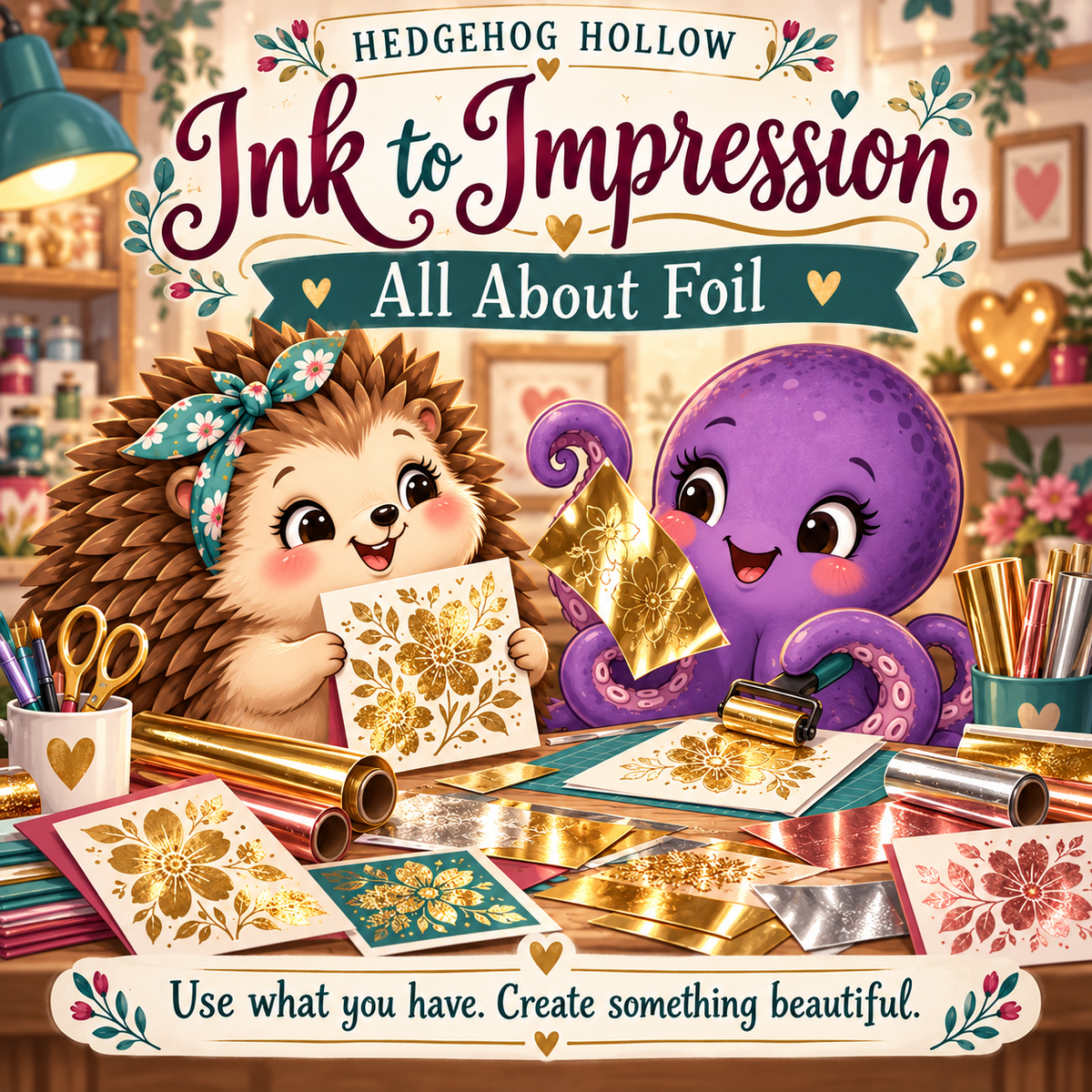 Ink to Impression All About Foil illustrated cover with Hetty making cards. Decorative examples; no supply kit included.