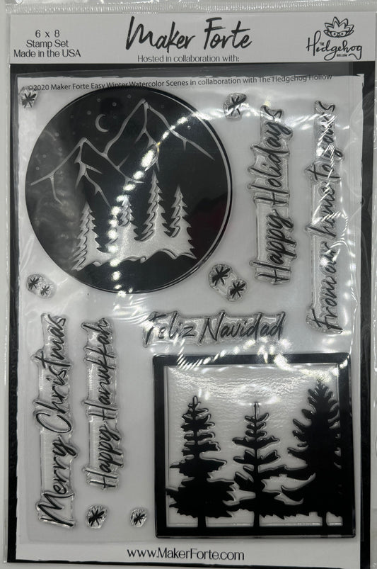 Easy Winter Watercolor Scenes Photopolymer Stamp Set 6x8 | Winter Landscape Card Making Stamps