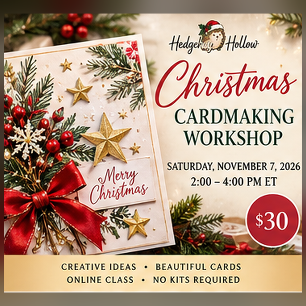 Christmas Cardmaking Workshop – November 7, 2026 — Hedgehog Hollow supplied Christmas artwork