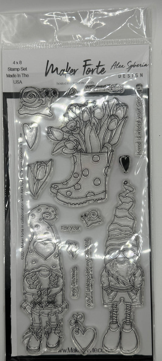 Gnome Is Home Stamp Set 4x8 – Spring Gnome & Floral Photopolymer Stamps | Made in USA