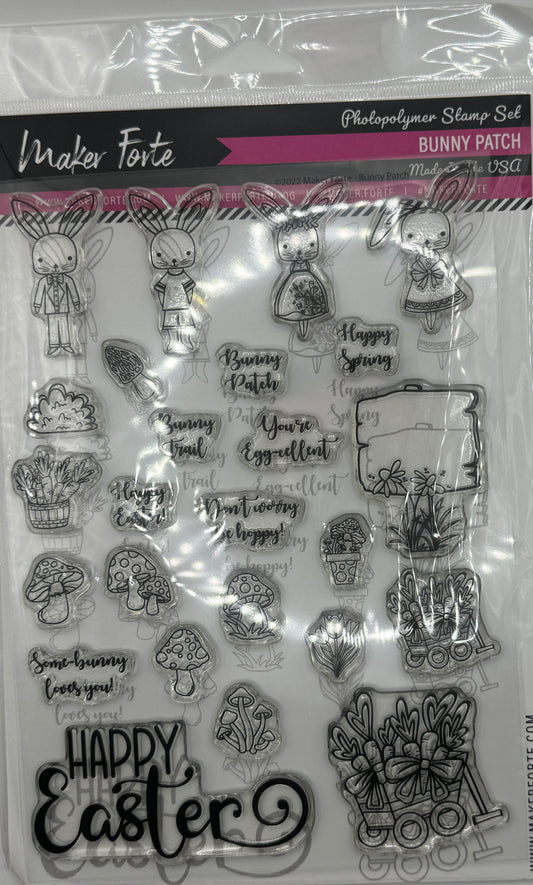 Bunny Patch 6x8 Stamp Set | Easter Bunny, Spring Garden & Mushroom Scene Builder | Made in USA