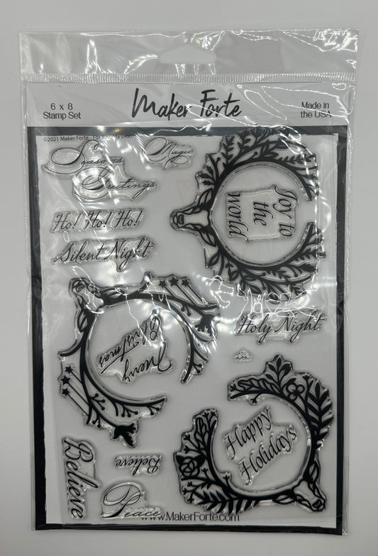 For My Dear Stamp Set 6x8 Photopolymer | Christmas Wreath Frames & Holiday Sentiments | Made in USA