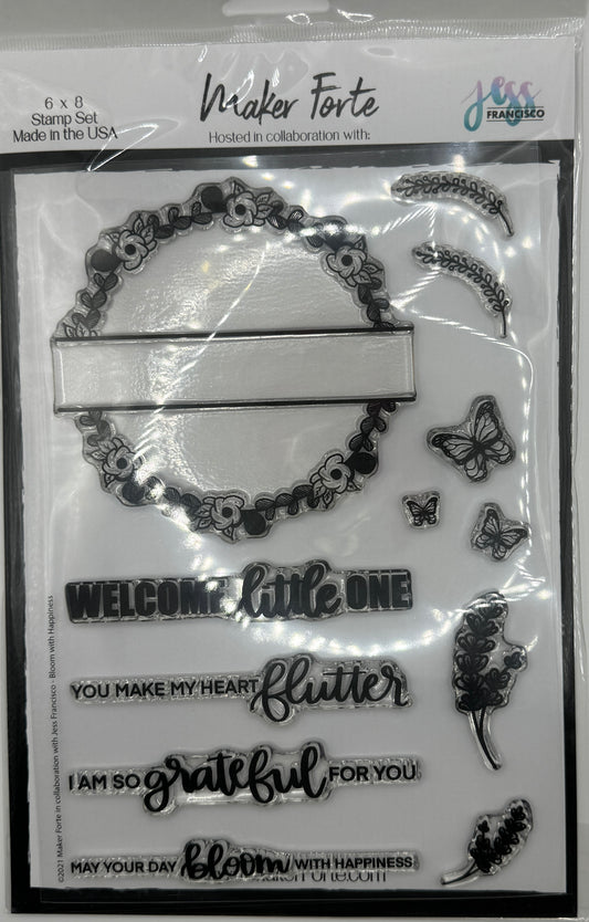 Bloom with Happiness Photopolymer Stamp Set 6x8 | Floral Wreath & Butterfly Sentiment Stamps