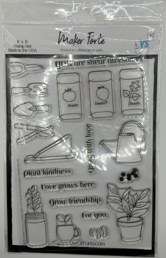 Gardening Love 6x8 Stamp Set | Garden Tools, Seed Packets & Plant Sentiments | Made in USA
