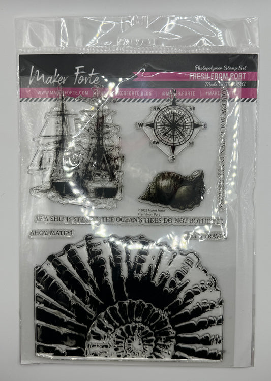 Fresh From Port 6x8 Stamp Set | Nautical Ship & Seashell Stamps | Coastal Cardmaking | Made in USA