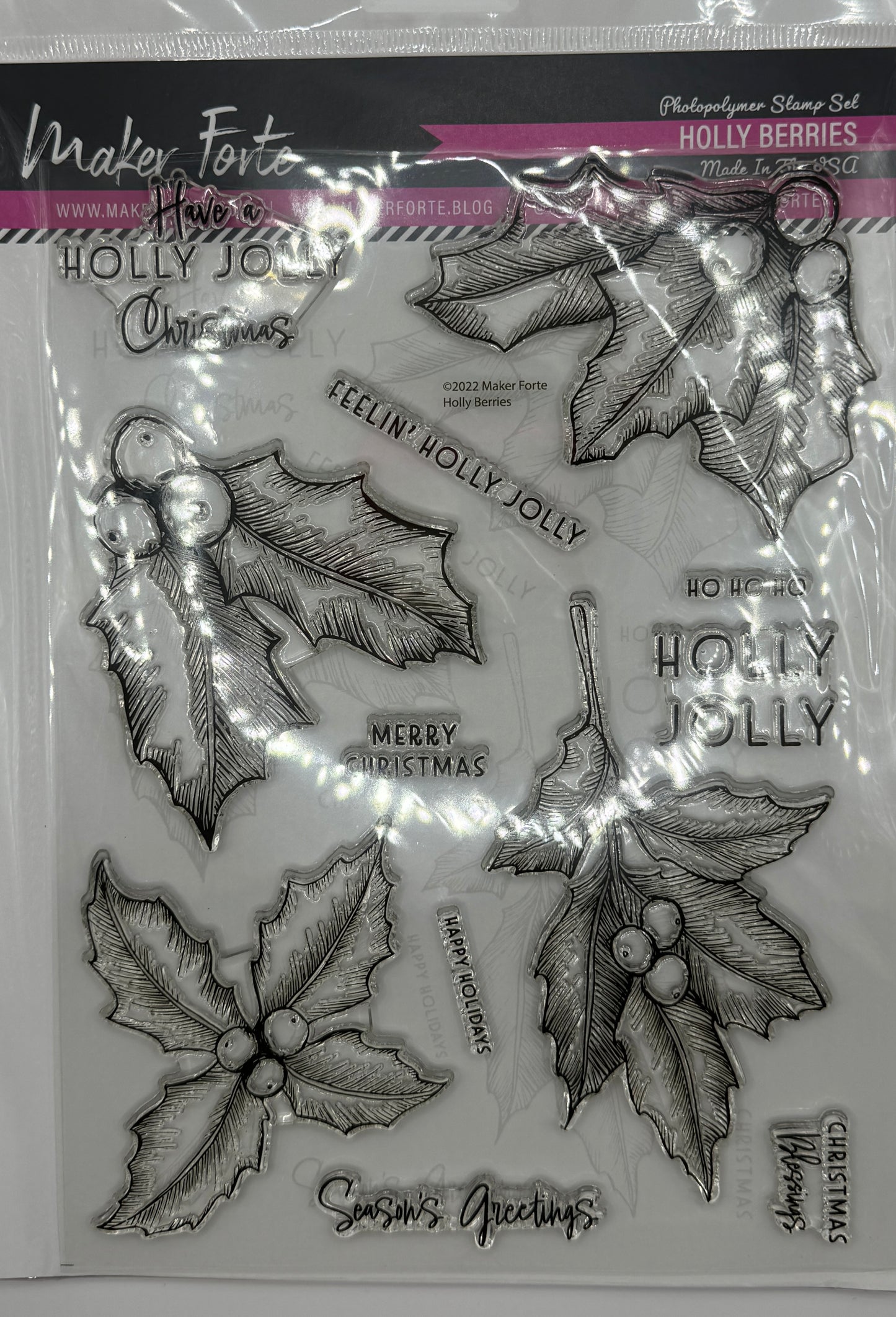 Holly Berries Photopolymer Stamp Set 6x8 | Christmas Holly Leaves & Holiday Sentiment Stamps