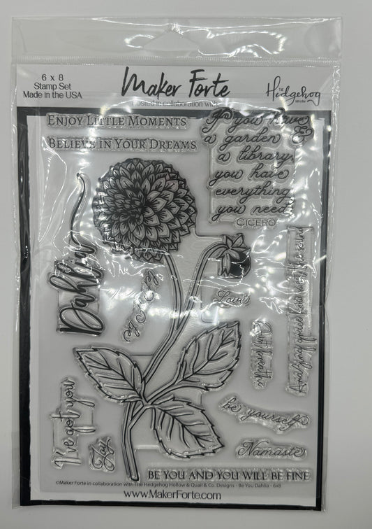 Be You Dahlia Stamp Set 6x8 Photopolymer | Large Floral Outline & Inspirational Sentiments | Made in USA
