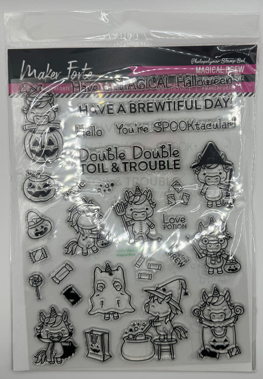 Magical Brew 6x8 Halloween Stamp Set | Cute Unicorn Witch & Spooky Sentiments | Made in USA