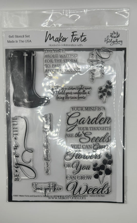 Dancing in the Rain Stamp Set 6x8 Photopolymer | Inspirational Garden & Encouragement Sentiment Stamps | Made in USA