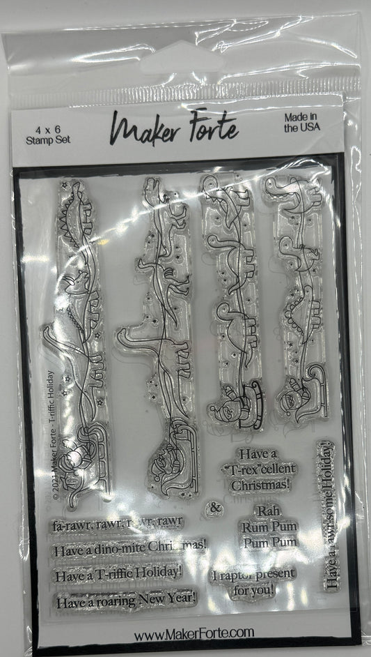 T-eriffic Holiday 4x6 Stamp Set | Dinosaur Christmas Stamps | Kids Holiday Cardmaking | Made in USA