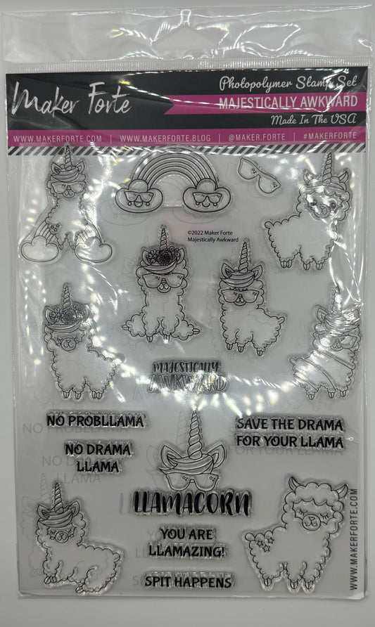 Majestically Awkward 6x8 Stamp Set | Llamacorn & Funny Llama Sentiments | Made in USA