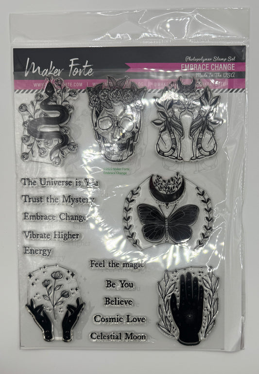 Embrace Change Stamp Set 6x8 Photopolymer | Celestial & Mystical Symbols with Inspirational Sentiments | Made in USA